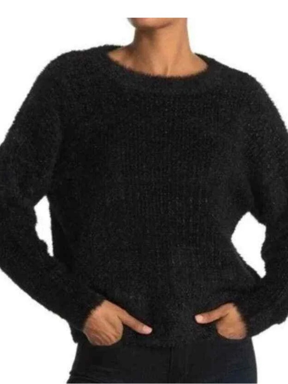 FRNCH Paris Metallic Eyelash Knit Sweater Black Sparkle Fuzzy Crewneck S/M NEW